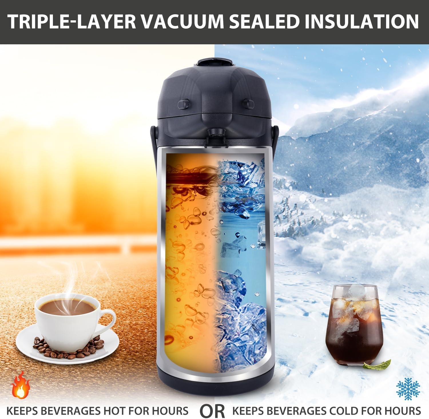 Heritage66 Advanced Thermal Coffee Carafe -Triple Wall Vacuum Insulated Flask- Thermos Keeping Beverages Hot for 12 Hours /24 Hours Cold Tea, Water, and Coffee Dispenser (3 Liter / 101 Oz)