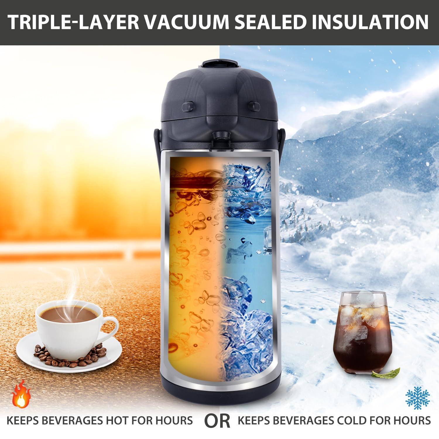 Heritage66 Advanced Thermal Coffee Carafe -Triple Wall Vacuum Insulated Flask- Thermos Keeping Beverages Hot for 12 Hours /24 Hours Cold Tea, Water, and Coffee Dispenser (3 Liter / 101 Oz)