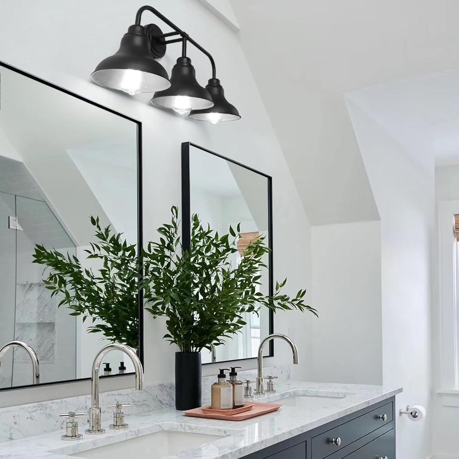 Farmhouse 25.25 in. 3-Light Black Vanity Light with Black Metal Shades