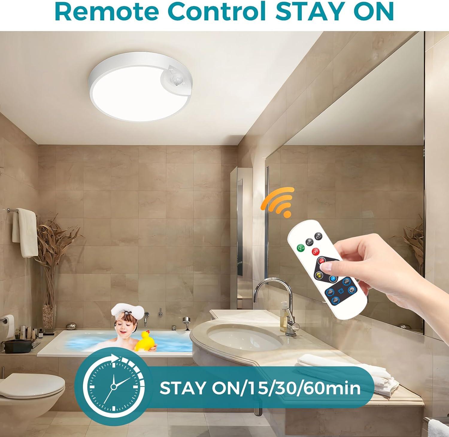 Battery Powered Motion Sensor Ceiling Light with Remote - 7.5inch Battery Ceiling Light for Closet, Shower, Stair, Hallway, ect