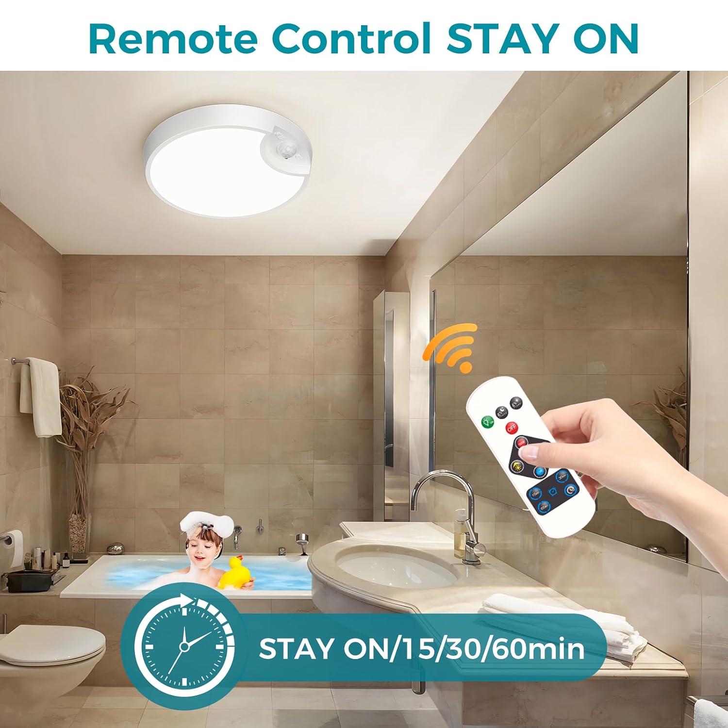 Battery Powered Motion Sensor Ceiling Light with Remote - 7.5inch Battery Ceiling Light for Closet, Shower, Stair, Hallway, ect