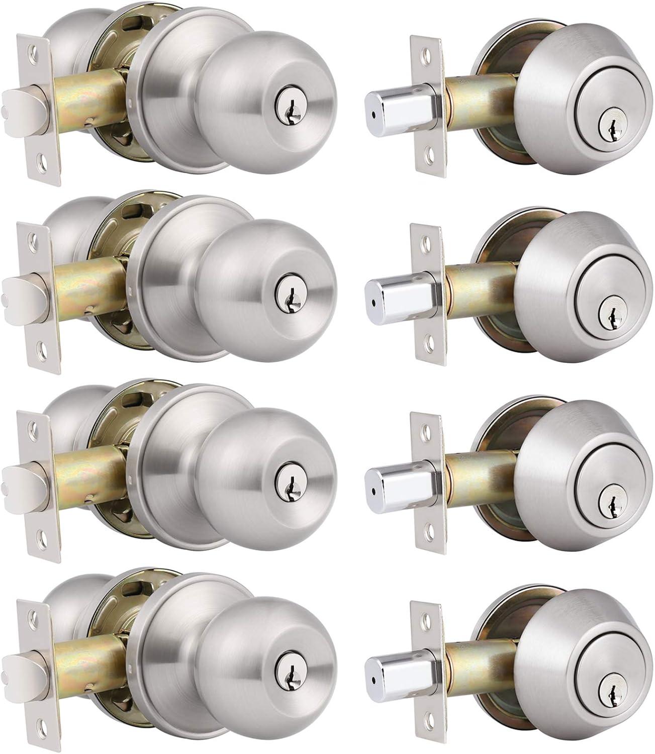 Satin Nickel Keyed Alike Entry Door Knobs and Deadbolts Set