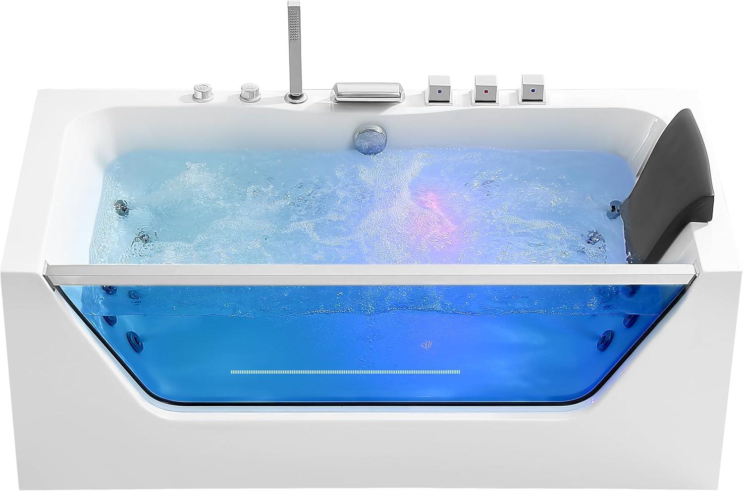 59-Inch White Acrylic Rectangular Whirlpool Bathtub with Jets and Blue Glass Panel