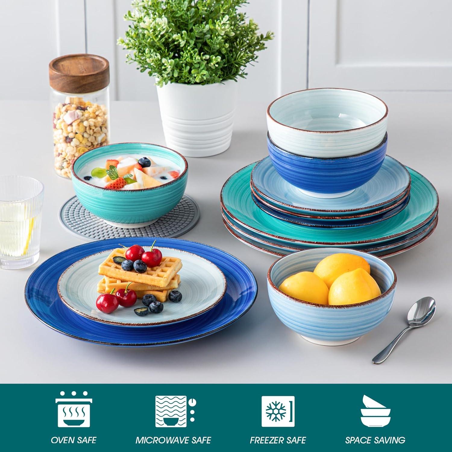 Bonita Blue Dinnerware Sets, Plates and Bowls Set for 4, 12 Pieces Stoneware Dinnerware Set, Dishwasher and Microwave Safe
