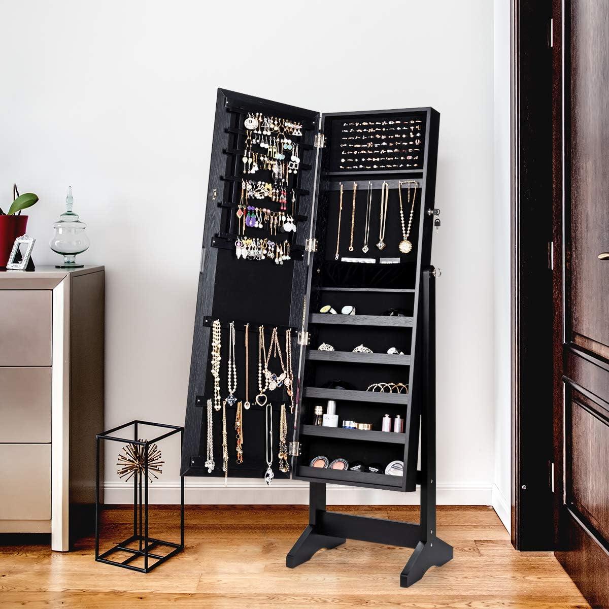 Costway Jewelry Cabinet Stand Mirror Armoire Lockable Organizer Large Storage Box Black