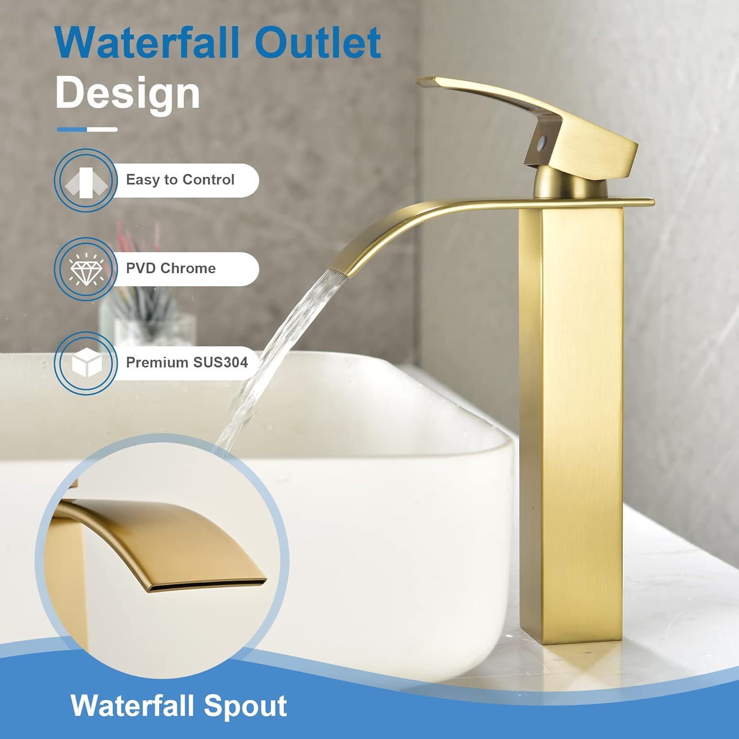 WOWOW Brushed Gold Waterfall Bathroom Faucet  Single Handle Faucet for Bathroom Sink