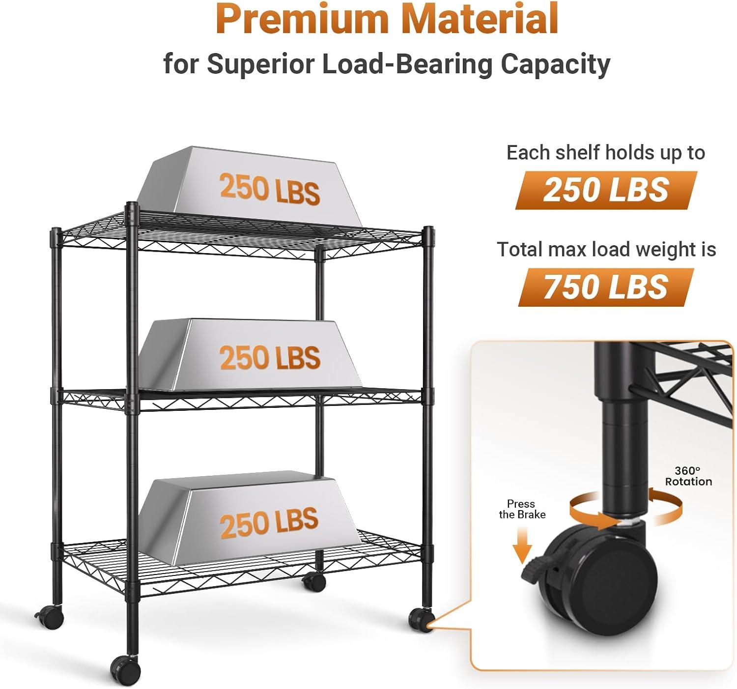 Black 3-Tier Heavy Duty Steel Storage Shelving Unit