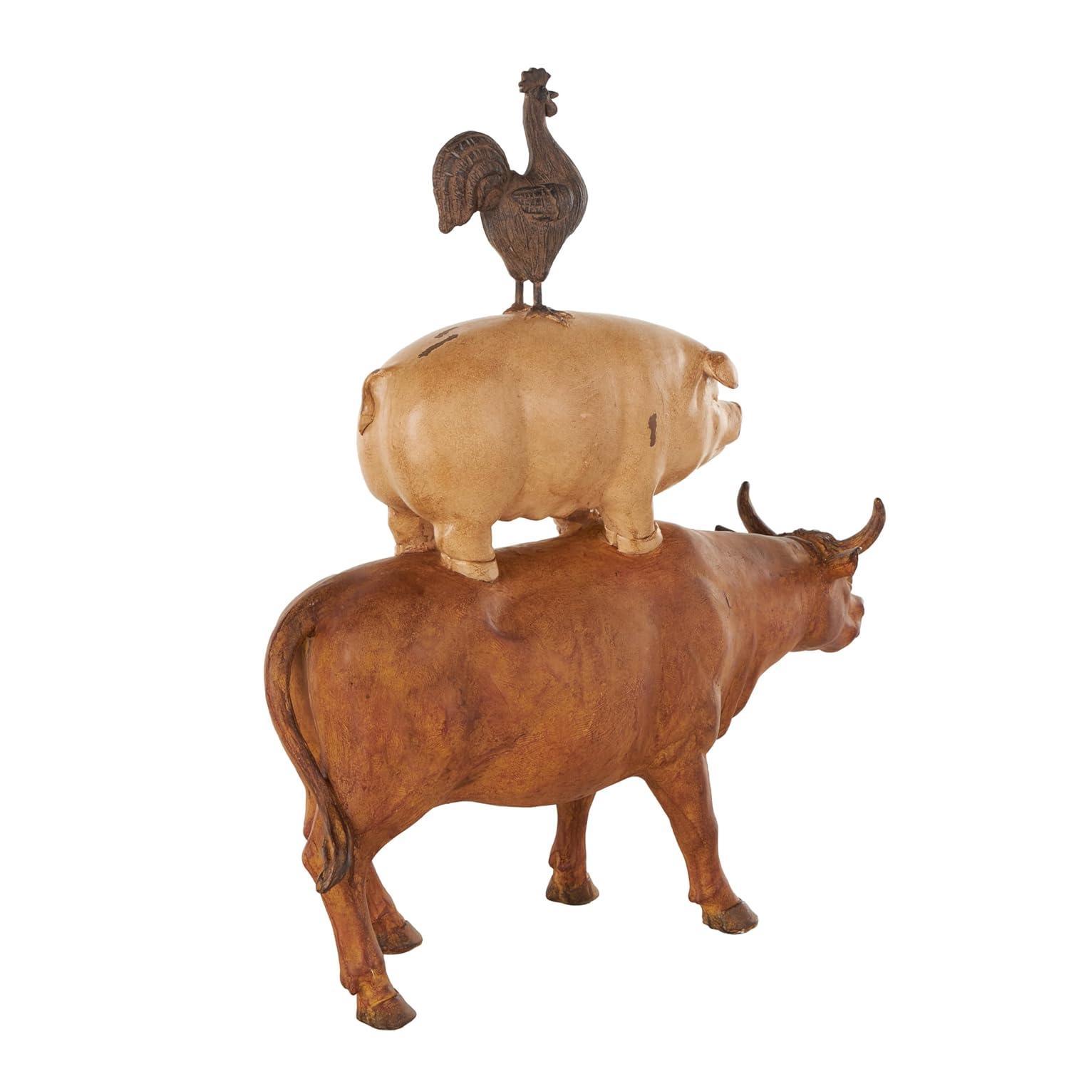 Distressed Copper Cow Statue with Beige Roosters and Chicks