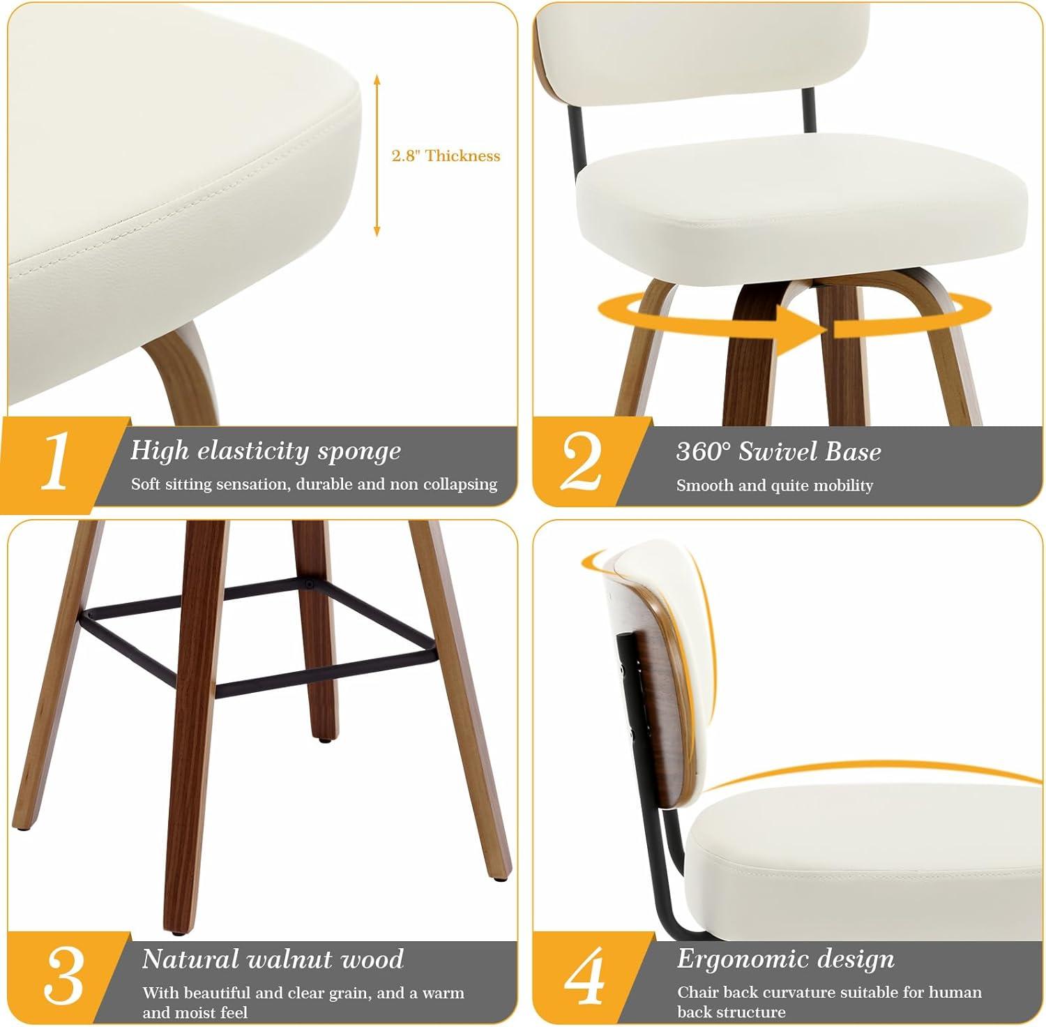 Lucky Monet 26"/29" Swivel Bar Stools/ Counter Stools with Bentwood Legs Set of 2 - Cream White-PU Back - Bar Height