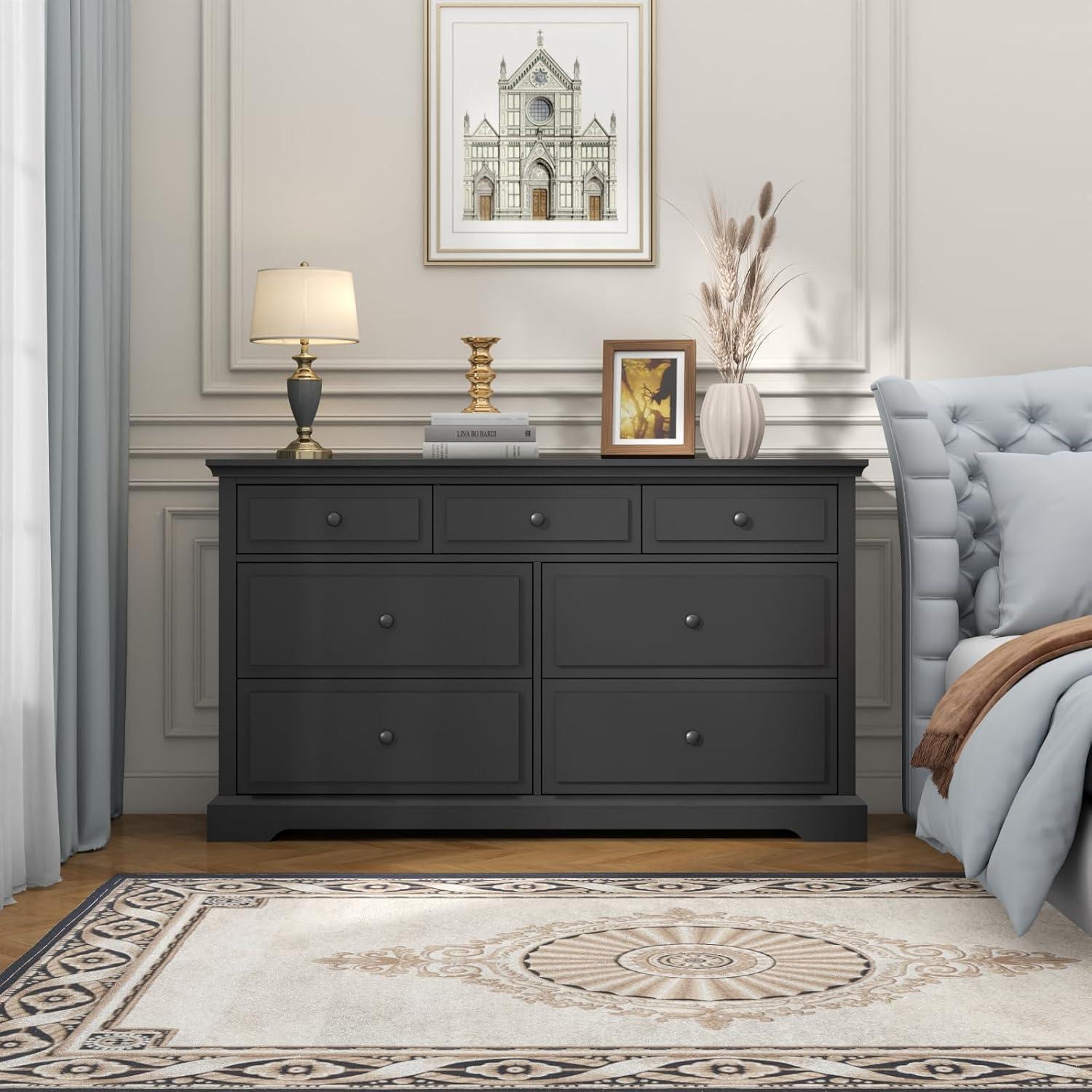 Winston Porter Raydyn 7 Drawers White Double Dressers Chests for Bedroom, Large Storage Dressers Organizer for Bedroom, Long Dresser Tv Stand, Vintage Solid Tall Closet Dressers with Storage for Living Room, Hallway