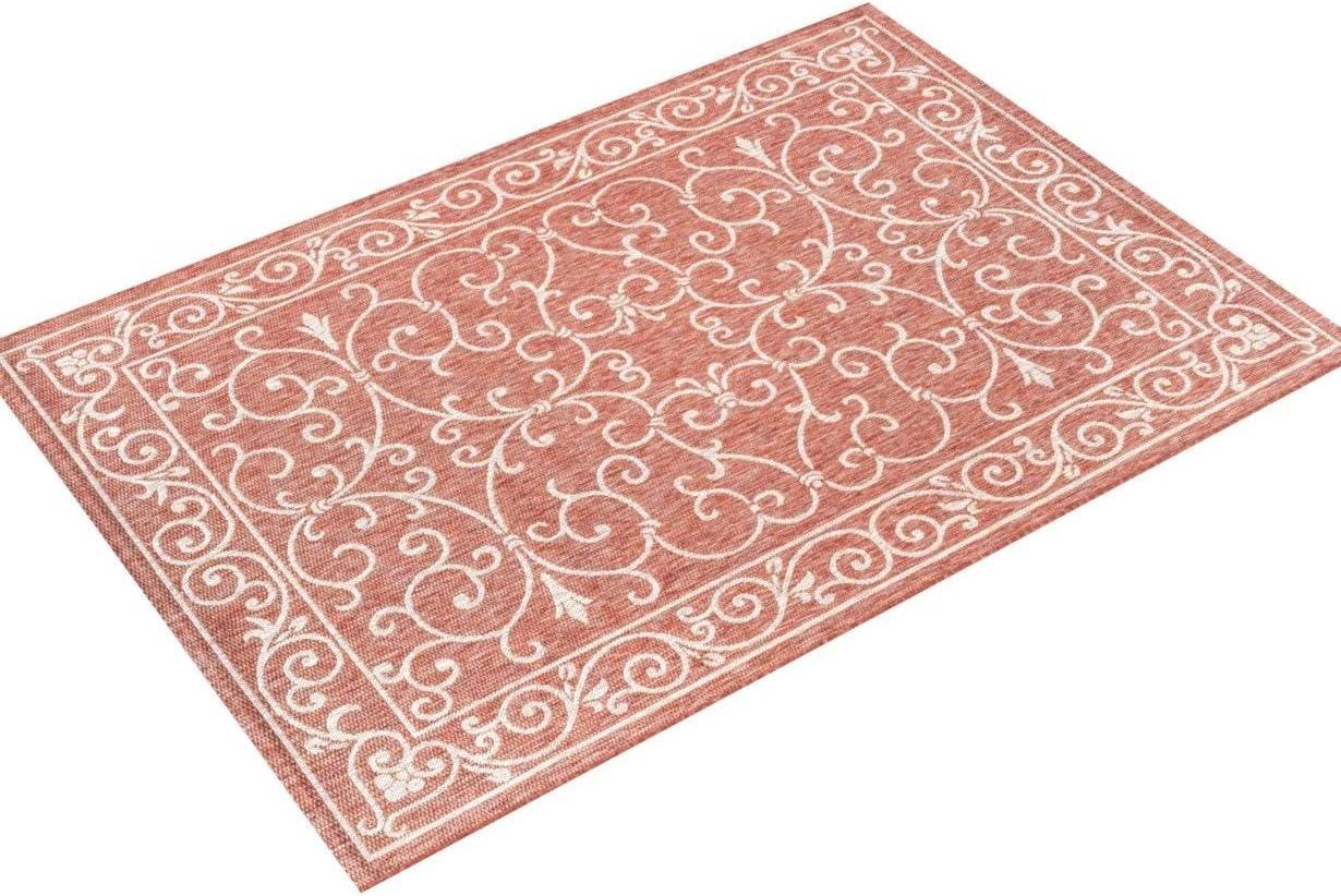 4'x6' Charleston Vintage Filigree Textured Weave Indoor/Outdoor Area Rug, Red/Beige - JONATHAN Y