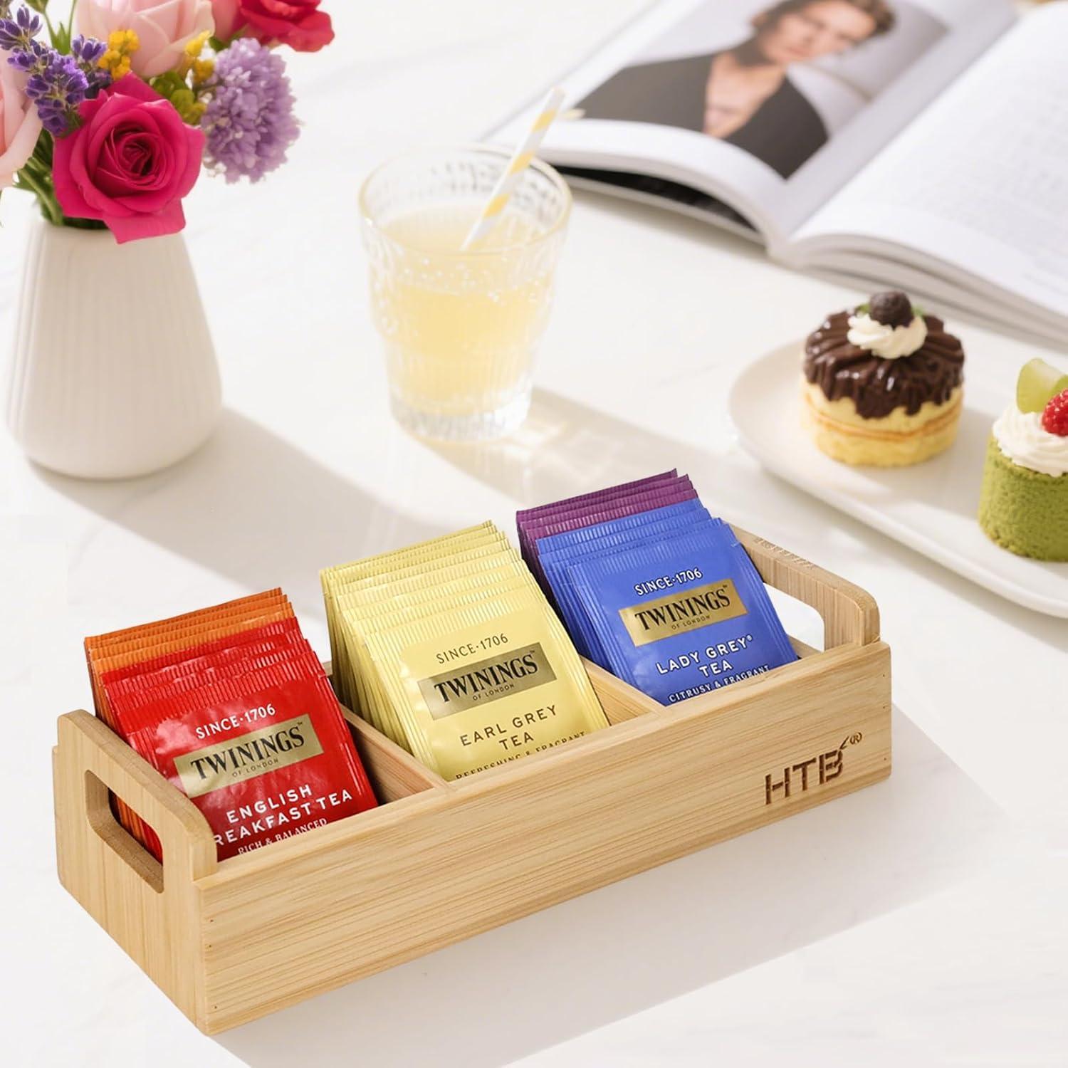 HTB Small Tea Bag Holder Pack of 2, Bamboo Tea Organizer 3 Compartments for Beverage Suppliers, Sweeteners, Individual Packets, Portable Tea Bag Organizer for Home Kitchen Counter or Office