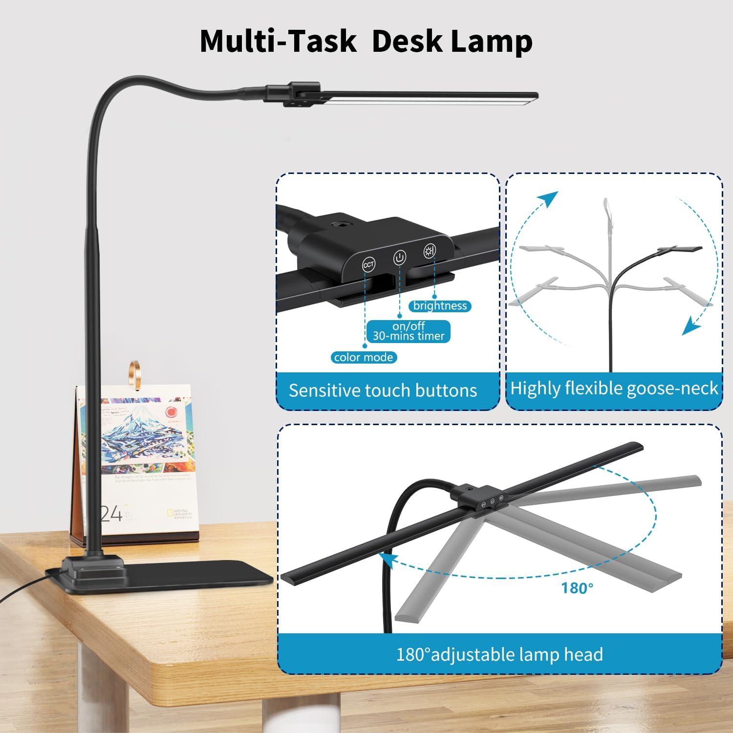 Desk Lamp Double Light: Bright Led Desk Lights for Home Office - Eye Care Reading Table Lamps with Base - Dimmable Desktop Lighting for Computer Monitor Study Drafting