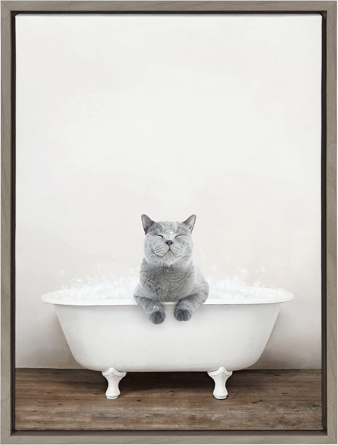 18" x 24" Sylvie Cat in Rustic Bath Framed Canvas by Amy Peterson: Bathroom Wall Art Decor - Kate & Laurel