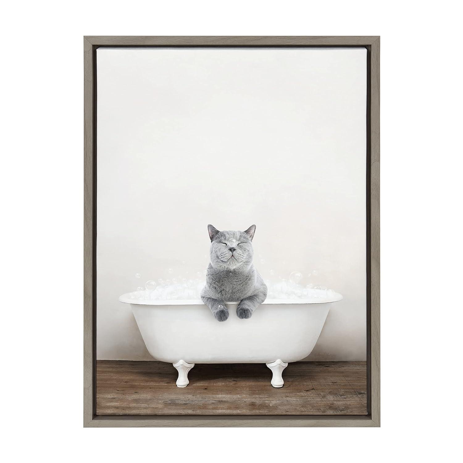 18" x 24" Sylvie Cat in Rustic Bath Framed Canvas by Amy Peterson: Bathroom Wall Art Decor - Kate & Laurel