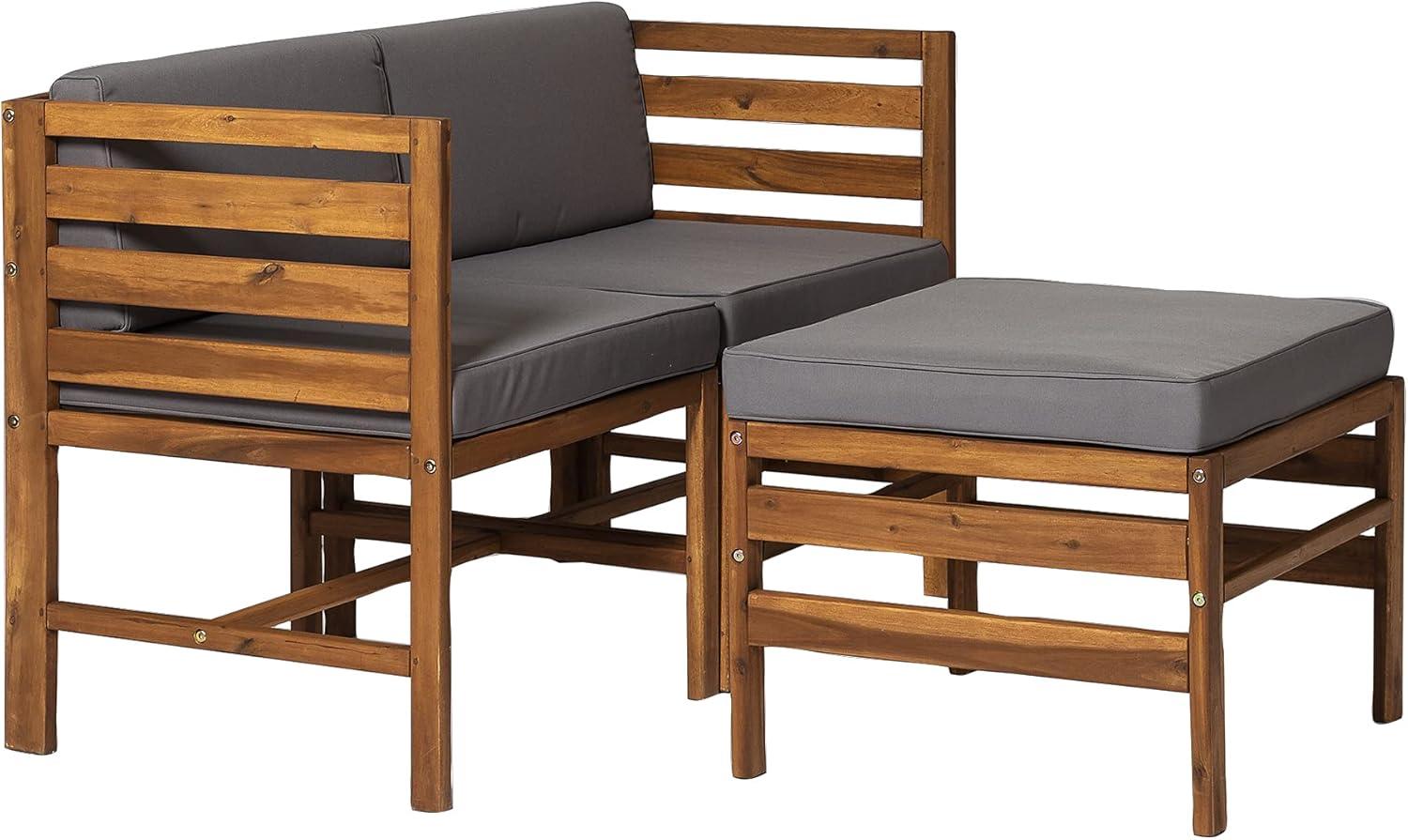 Walker Edison Modular Outdoor Acacia Chairs with Ottoman 3 Piece Set in Brown