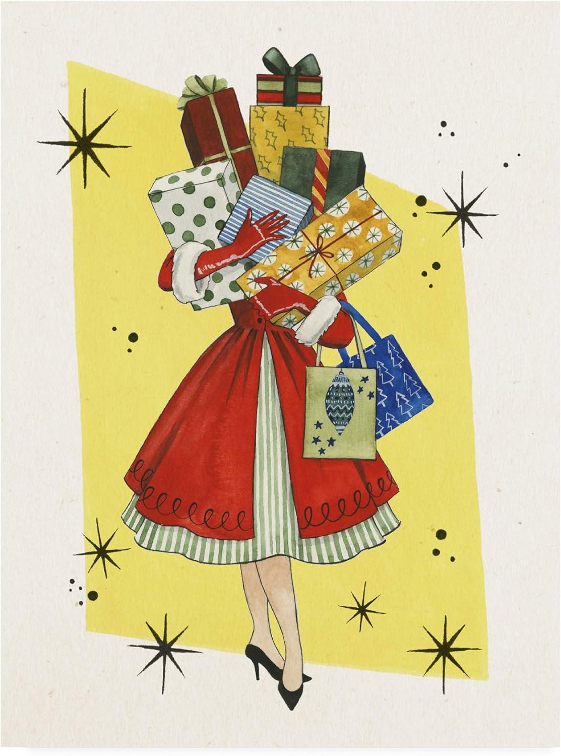 Vintage Christmas Woman with Presents Canvas Art, 14x19