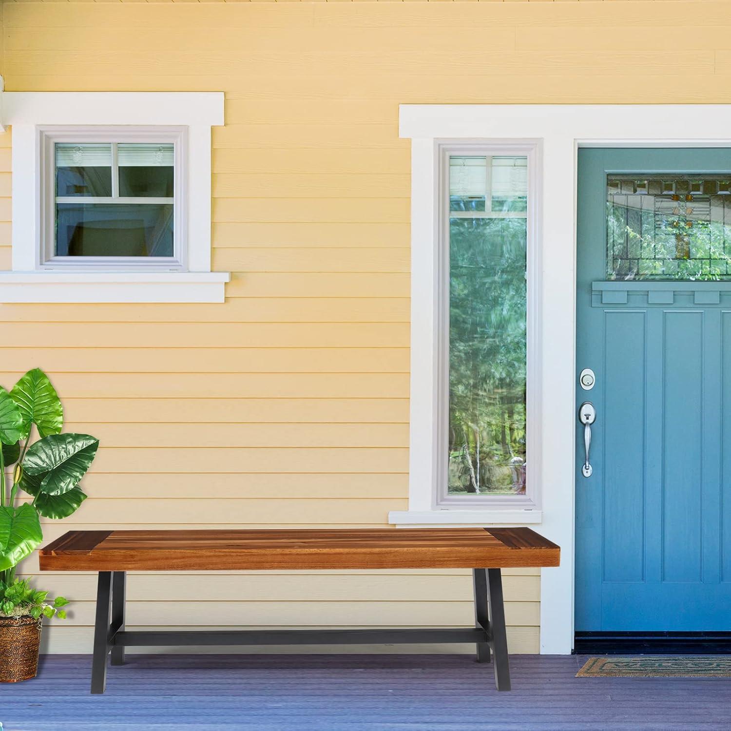 VINGLI Outdoor Bench with Metal Legs Rustic, Wood Dining Bench Indoor Outdoor Porch Benches for Yard Garden Dining (63in)