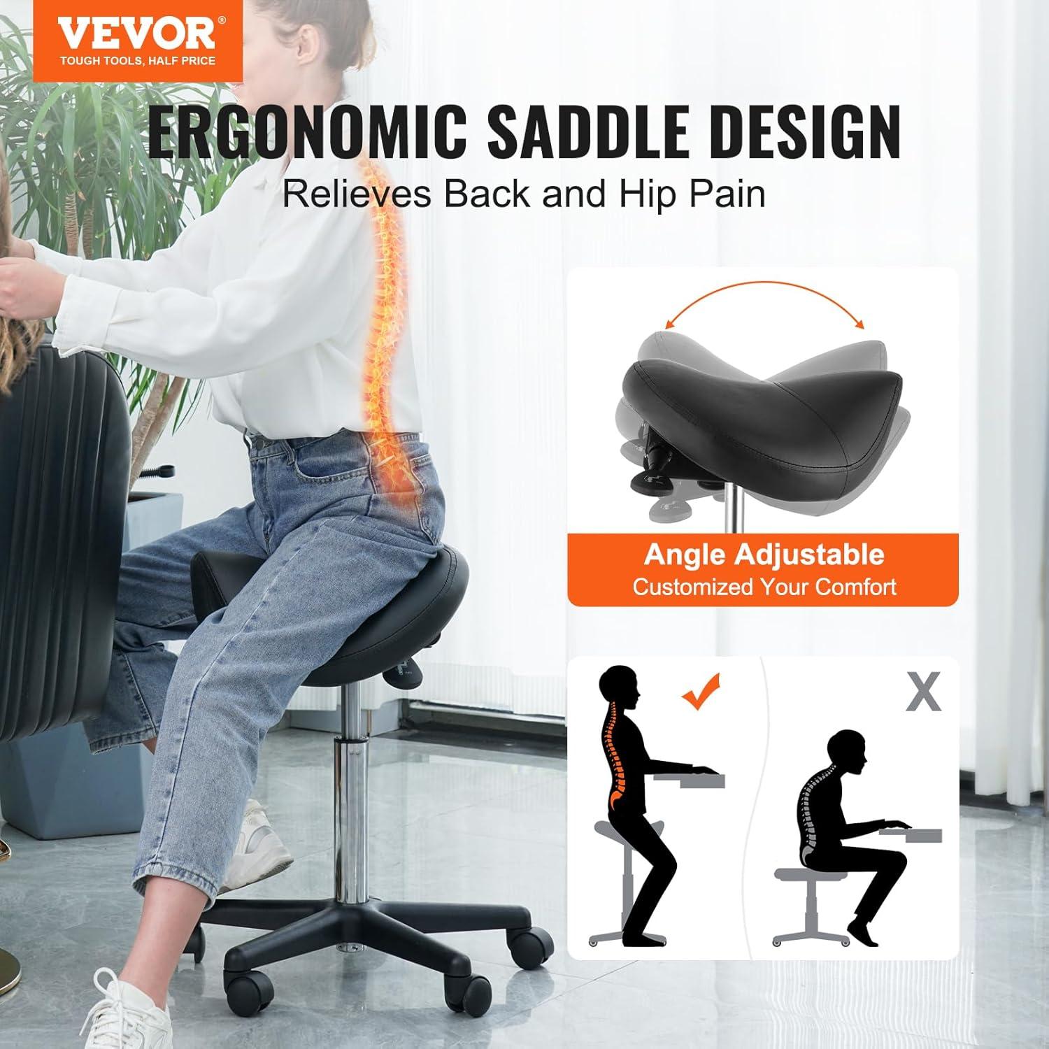 Black Adjustable Ergonomic Saddle Stool with Wheels