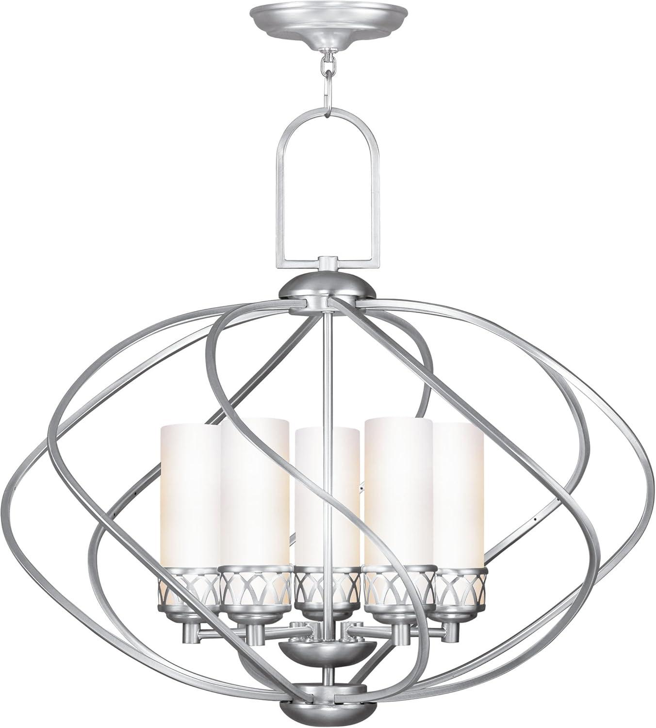 Elegant Brushed Nickel 5-Light Cage Chandelier with Satin White Glass