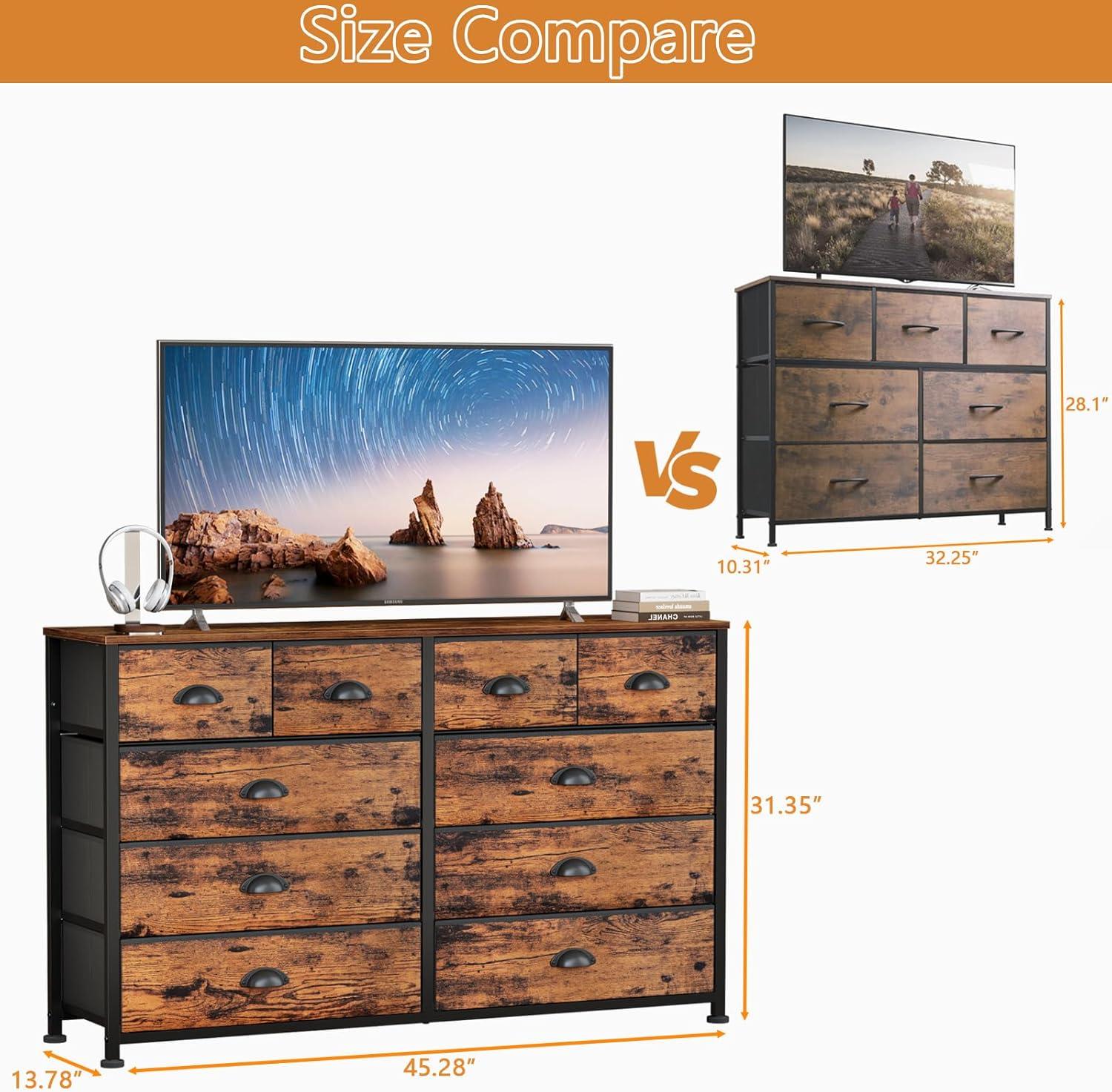 Furnulem Bedroom Dresser for 55”Long TV Stand,10 Storage Organizer Dressers & Chests of Drawers, Sturdy Metal Frame & Wood Top Tall Storage Cabinet for Bedroom Closet Living Room Entryway Rustic Brown