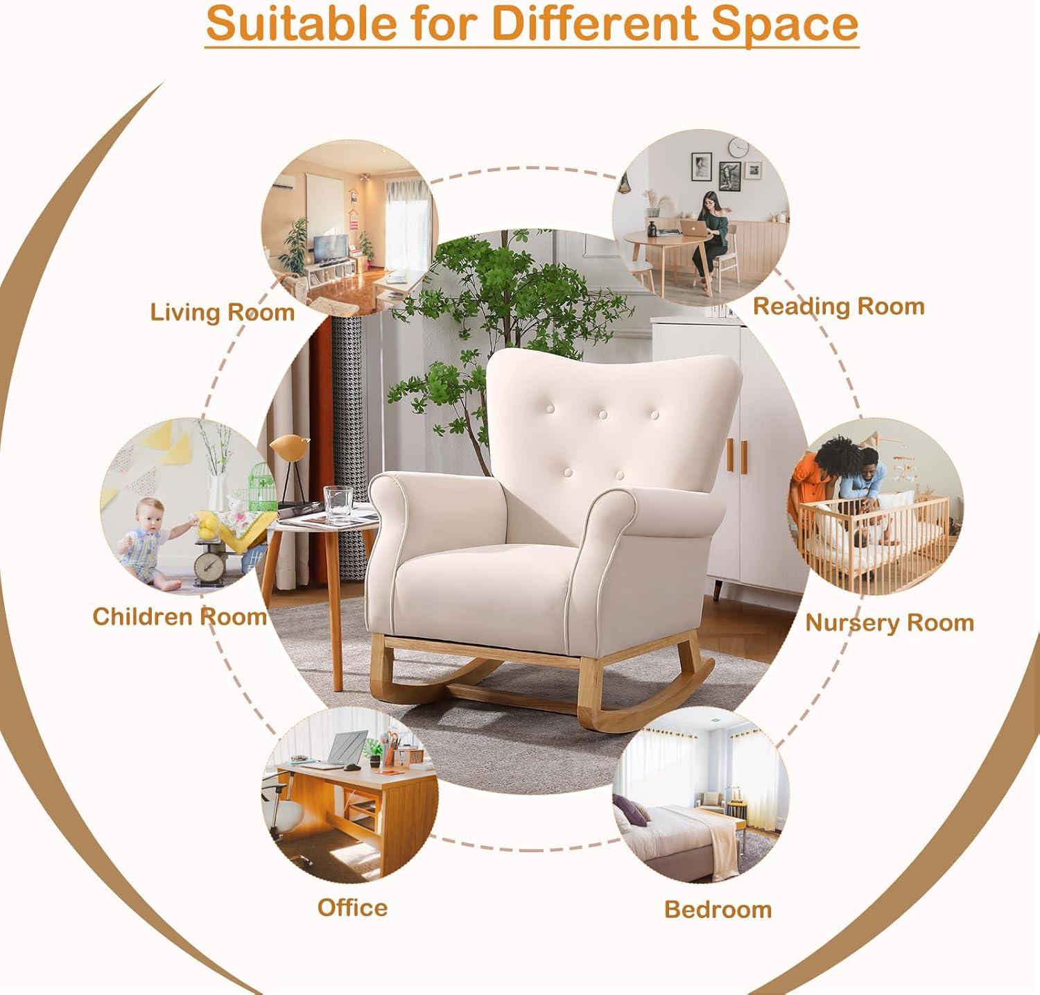 Velvet Nursery Glider Rocker with Comfy Armrest, Accent Rocking Chair with Solid Wood Legs for Baby (Beige)