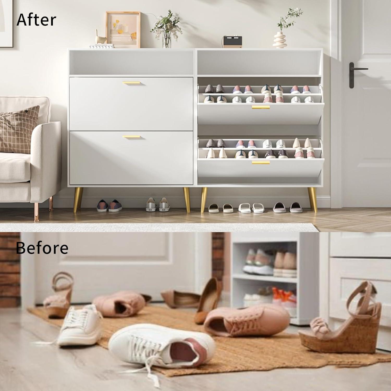 Shoe Cabinet Storage for Entryway  Freestanding Slim Shoe Organizer Cabinet with 2 Flip Drawers  Narrow Shoe Rack with Open Shelves for Hallway  Living Room  White