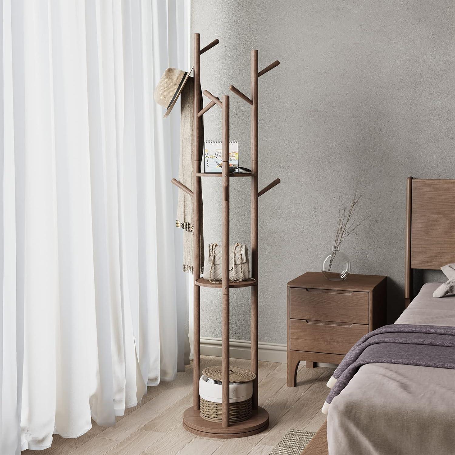 Walnut Solid Wood Rotary Coat Rack with Shelves and Hooks