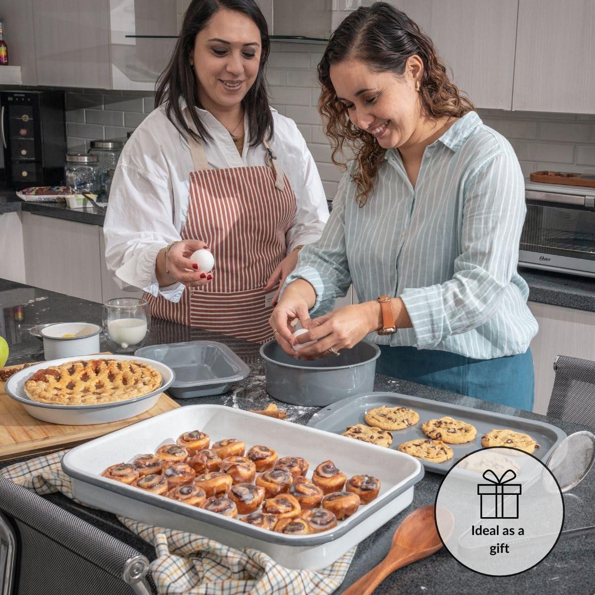 Granite Ware 8 piece Healthy Bakeware Set. Unique colors! Enameled steel baking sheets and pans. Oven and camping friendy. PTFE Free.