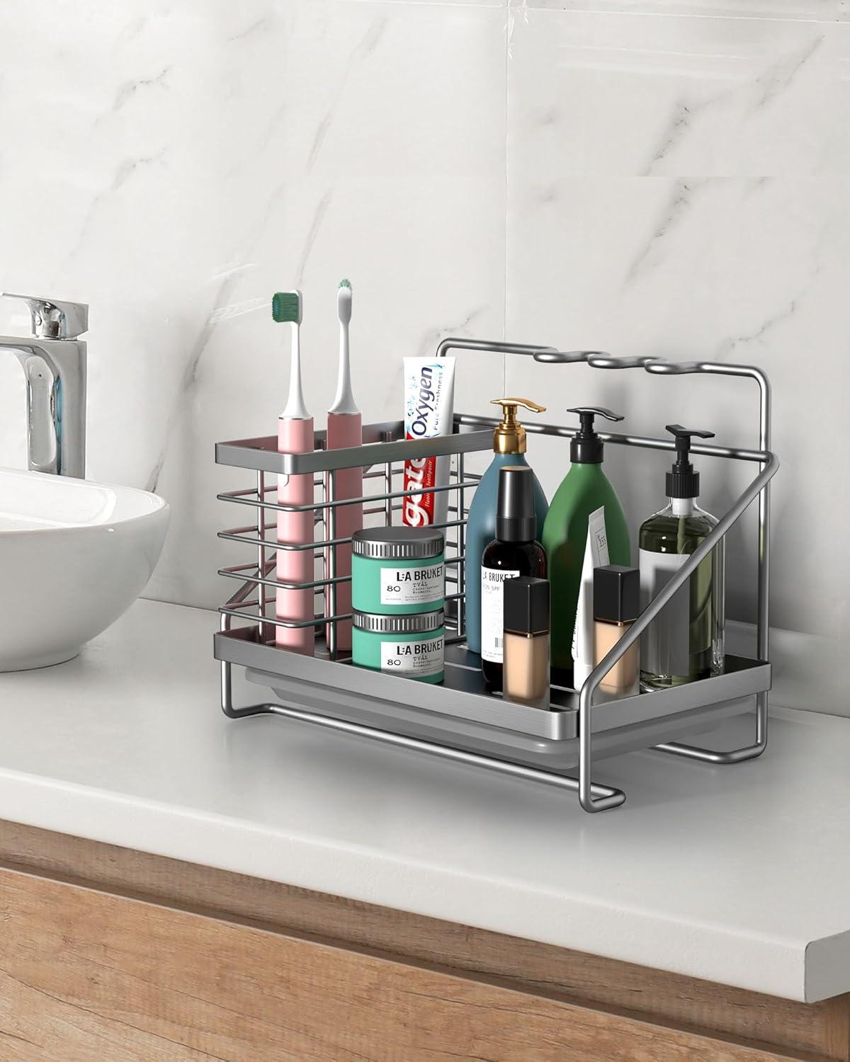 Stainless Steel Kitchen Sink Caddy with Side Basket and Drain Tray