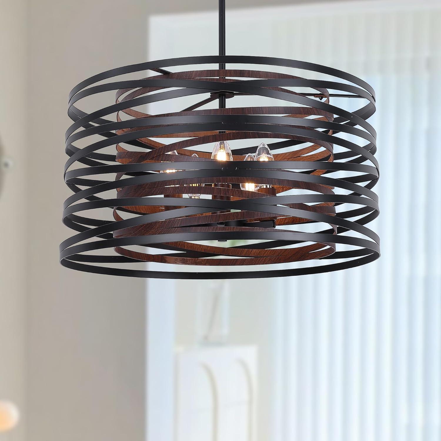 Dining Room Lighting Fixture, 5-Light Farmhouse Black Chandelier Drum Light, Round Metal with Retro Wood Texture Interior, E12 Bulbs Not Included