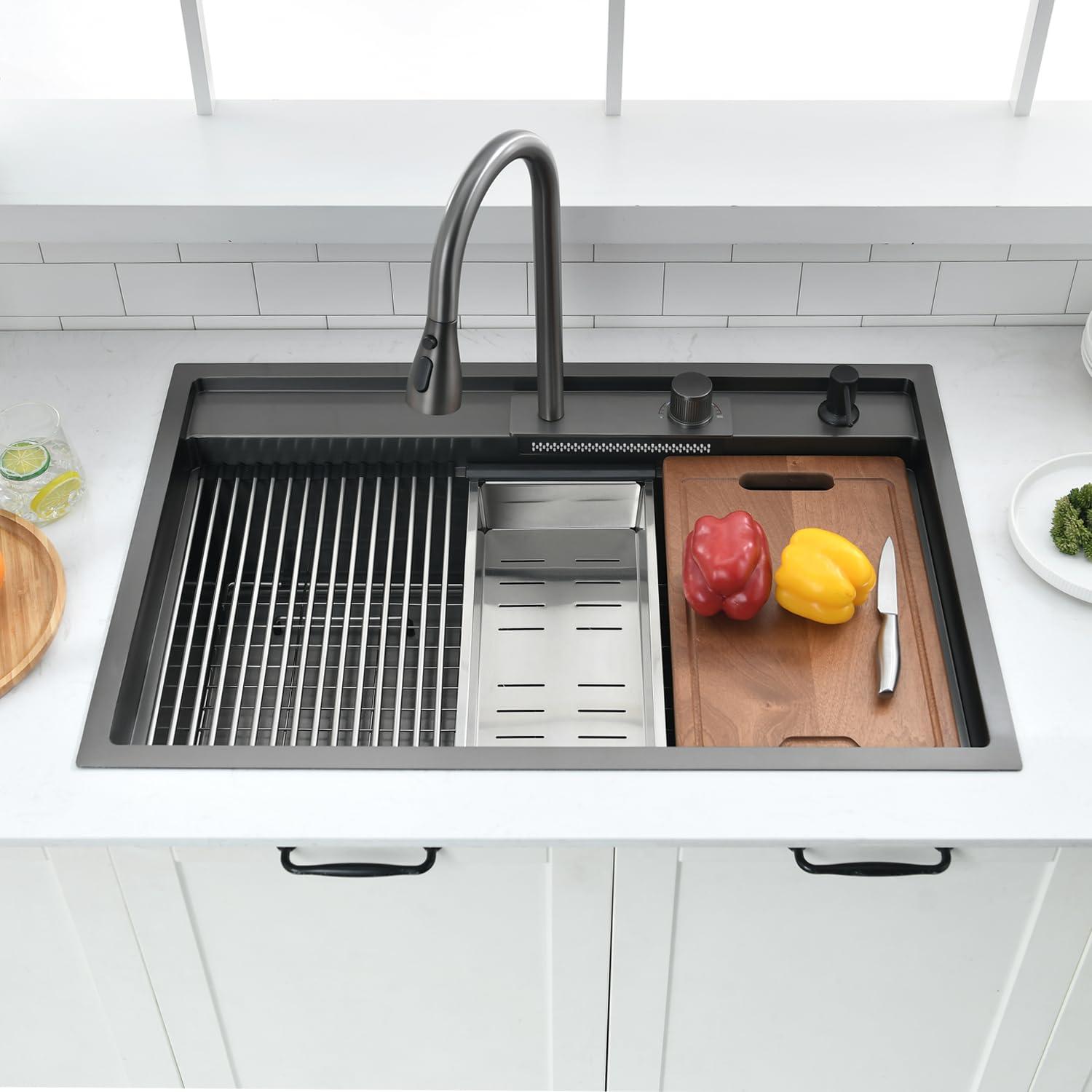 33 Inch Black Waterfall Drop In Kitchen Sink Workstation - VOKIM 33x22-Inch Drop In Sink Splash Guard Stainless Steel 16 Gauge 10'' Single Bowl sink Top Loading Flying Rain pull faucet