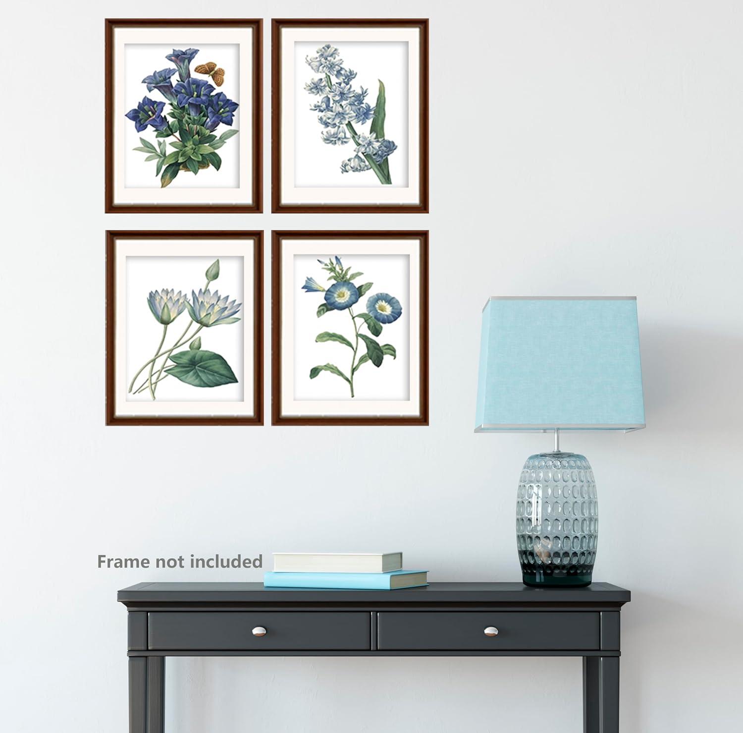 Blue Flower Canvas Wall Art Print, Vintage Floral Botanical Decor Antique Botany Poster, Blue Tone Morning Glory Water Lily Hyacinth Gentian Decorate for Office, Set of 4 ,8 X 10 In Unframed