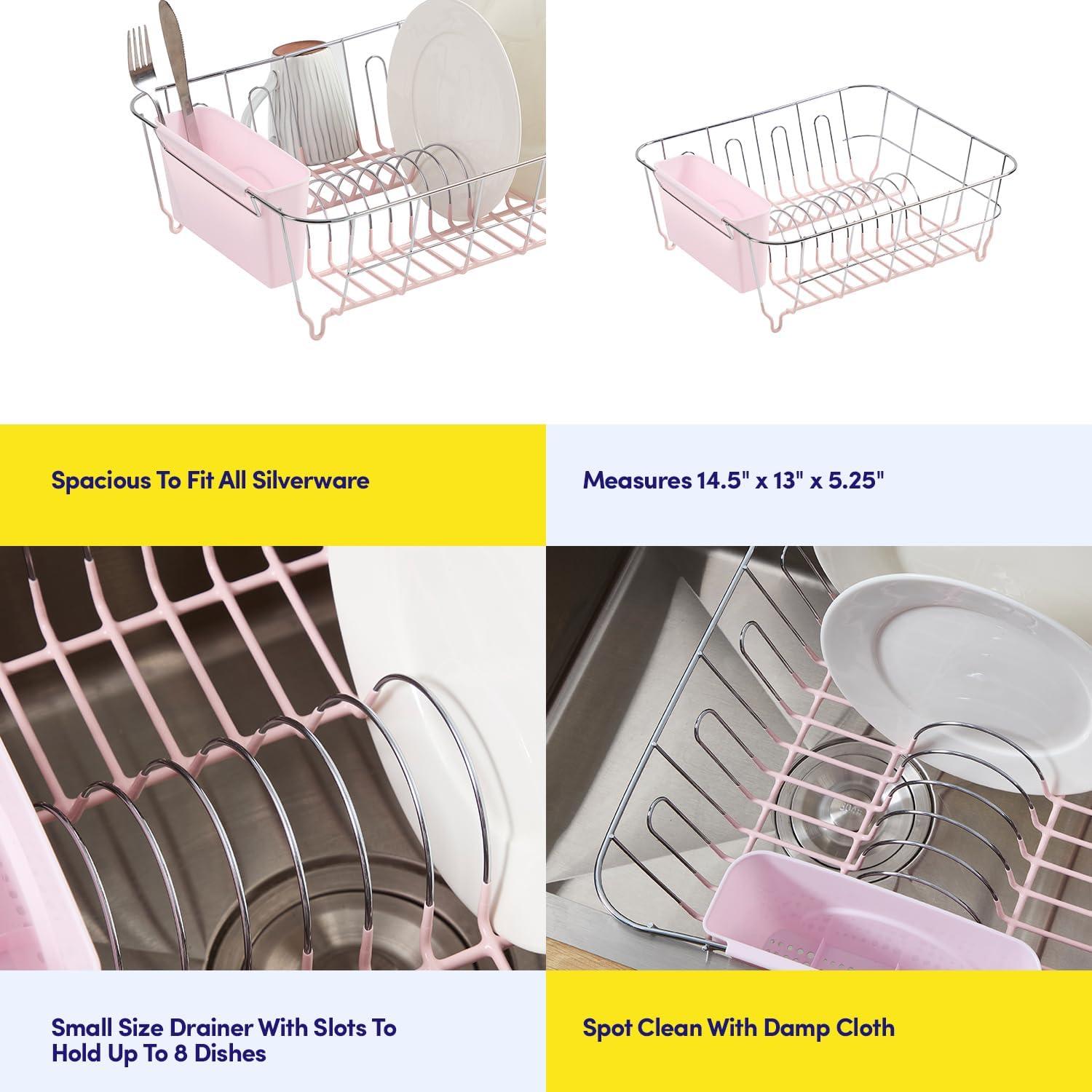 Sweet Home Collection Chrome Plated Steel Small 2 Piece Dish Drainer Pale Pink