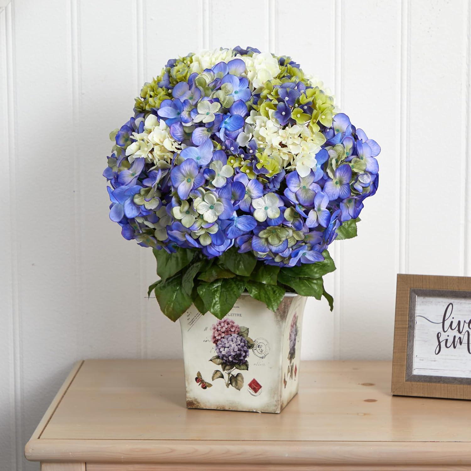 Nearly Natural Mixed Hydrangea with Floral Planter, Blue/Purple