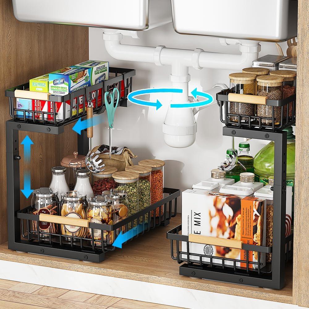 Rebrilliant Under Sink Organizer, 2 Tier Under Sink Organizers And Storage, Metal Slide Out Pull Out Cabinet Organizer ,2 Pack Sliding Drawer Organizer For Kitchen Bathroom Pantry
