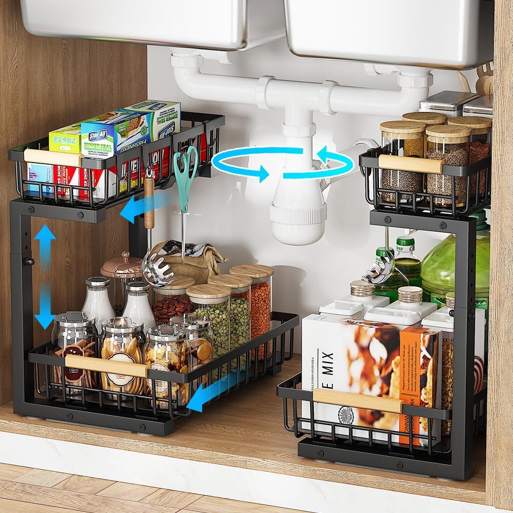 Rebrilliant Under Sink Organizer, 2 Tier Under Sink Organizers And Storage, Metal Slide Out Pull Out Cabinet Organizer ,2 Pack Sliding Drawer Organizer For Kitchen Bathroom Pantry