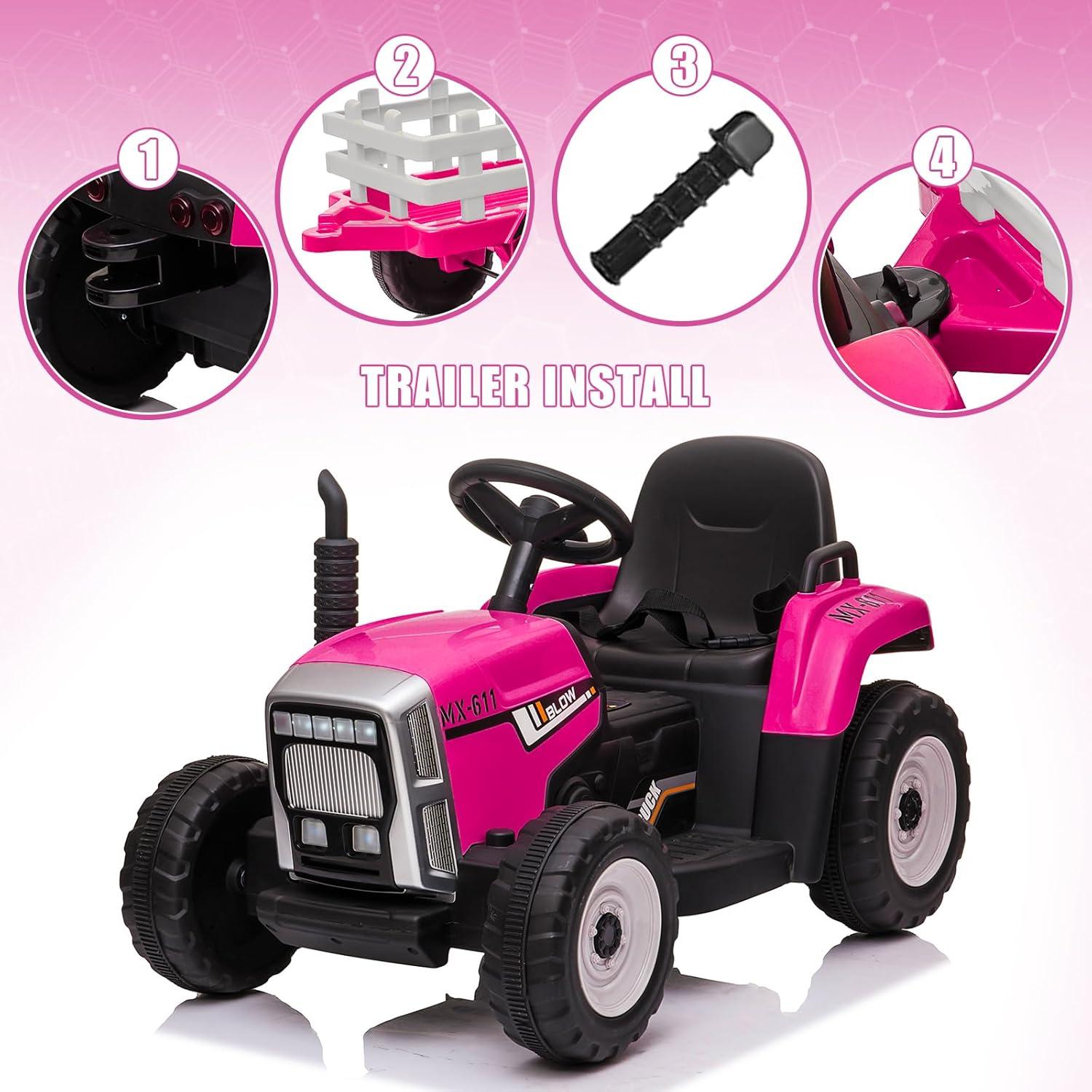 12V Kids Battery Powered Electric Tractor with Remote Control and Trailer Toddler Ride Car With 7LED Headlight and 2+1 Gear Shift Music USB Port Suitable for Children 3+