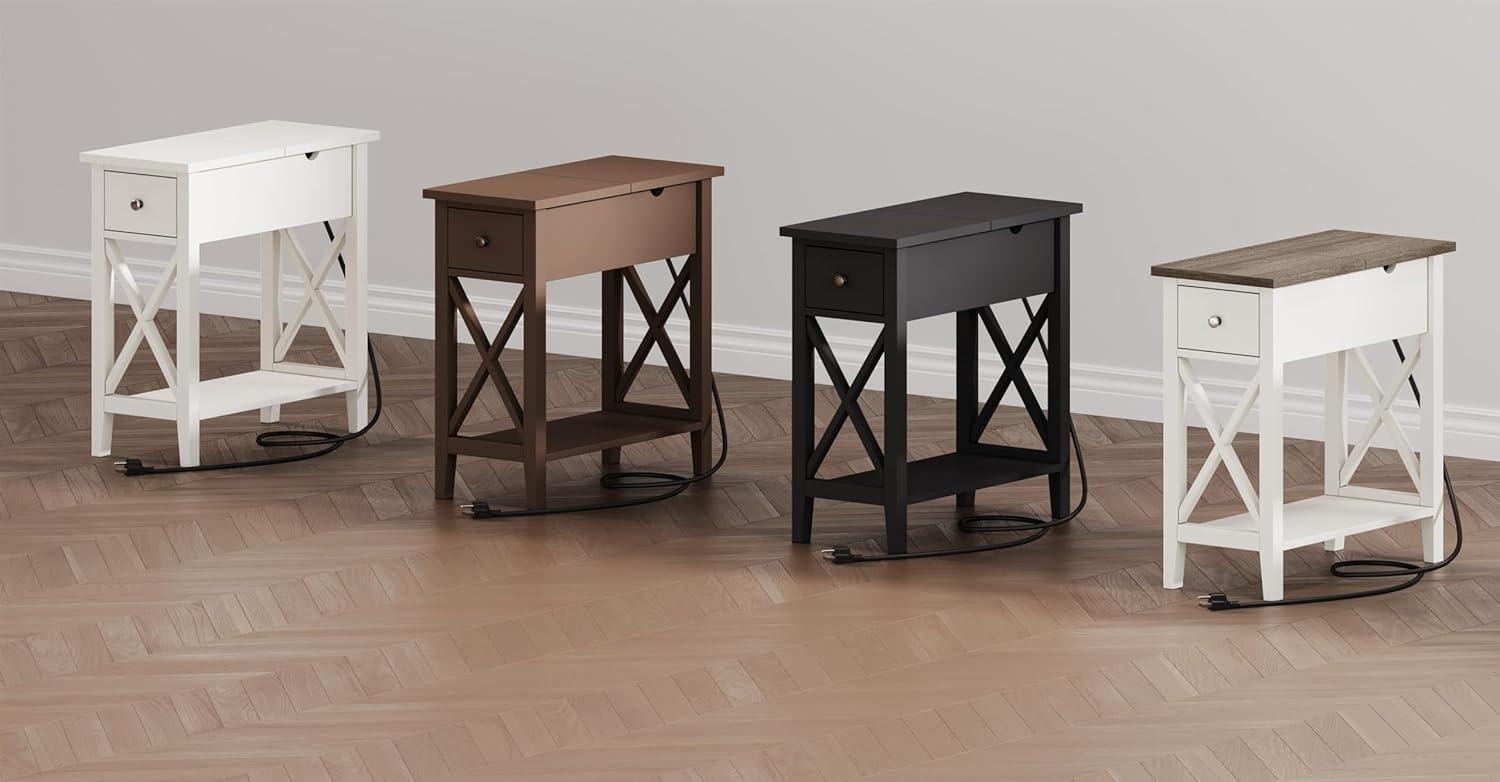ChooChoo End Table with Charging Station, Narrow Side Table with USB Ports and Outlets, Nightstand with Drawer, for Small Spaces, Bedside Tables for Living Room Black