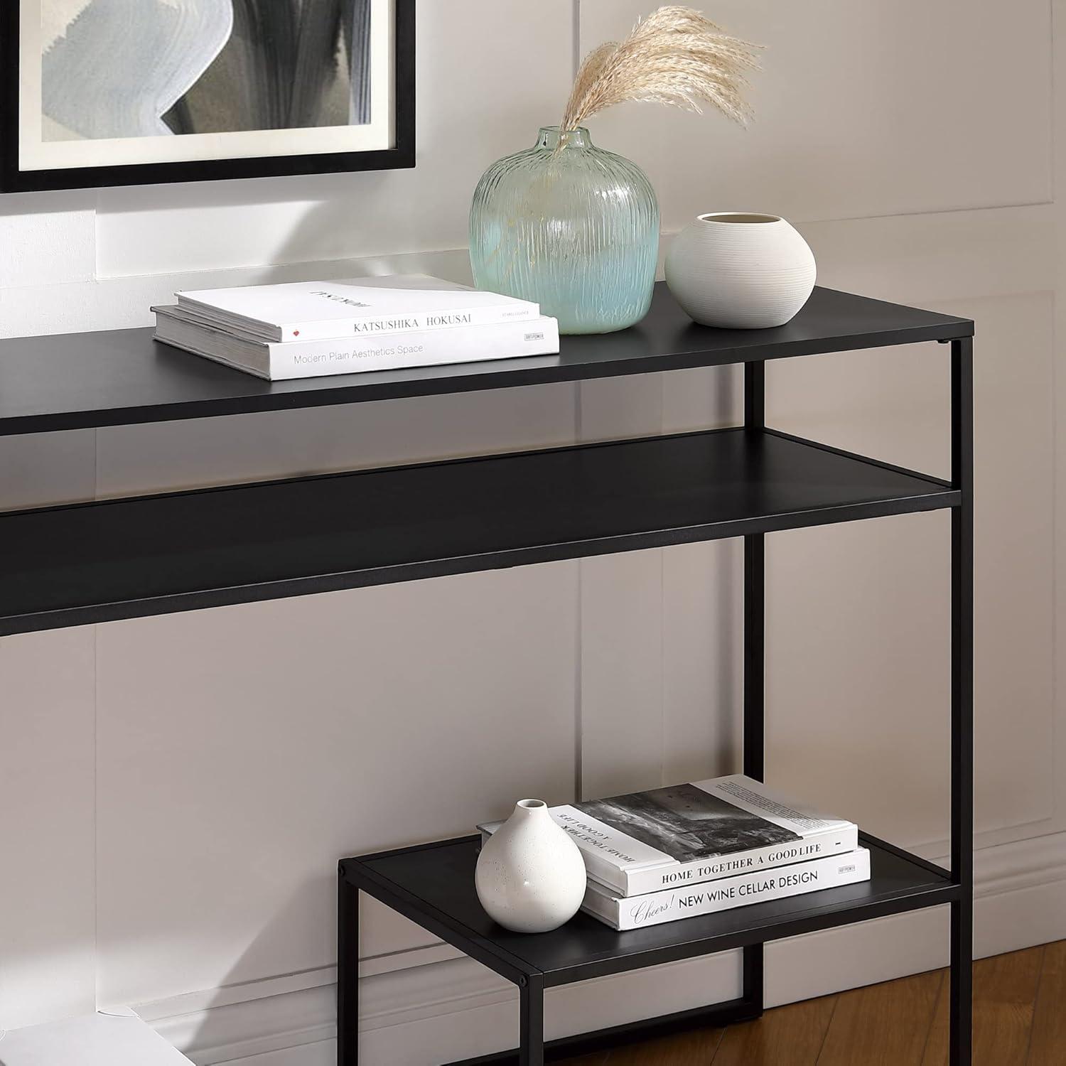 42" Metal and Wood Console Table with Tiered Shelves - Black