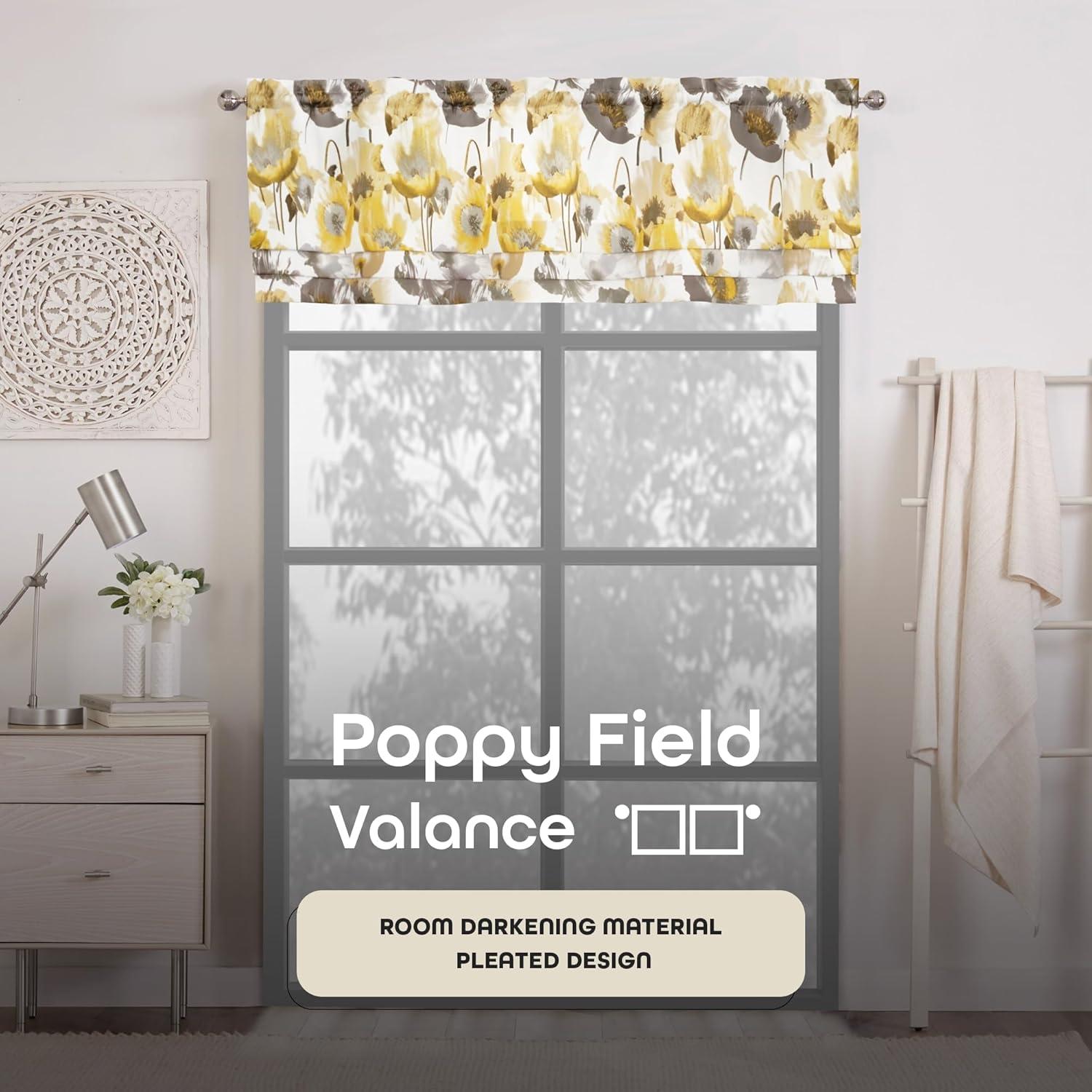 Achim Poppy Field Floral Rod Pocket Room Darkening Curtain Valance, Grey, 50" x 17"