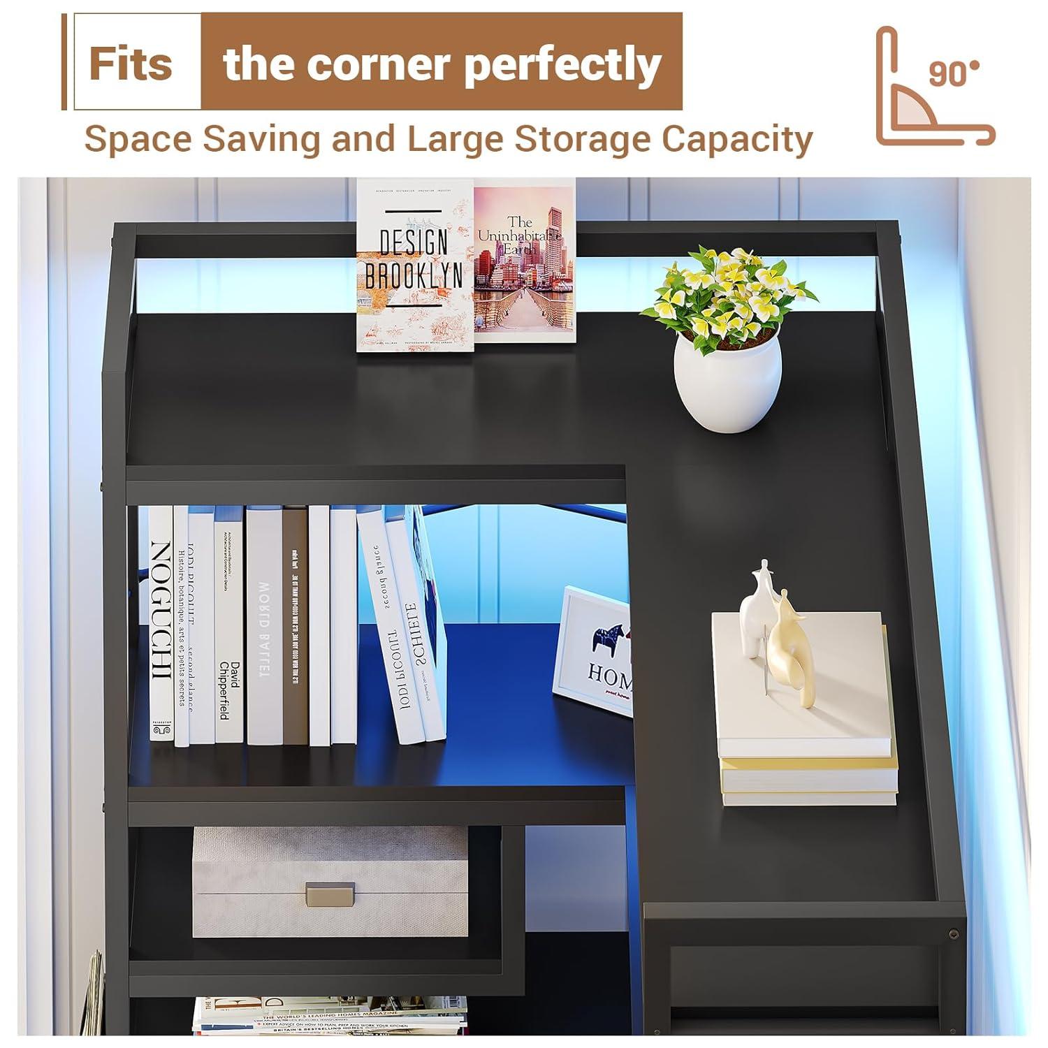 5-Tier Book Shelf with LED Light, 63" Reversible Storage Shelves, Corner Bookshelf with Storage Bag and Pegboard, Black