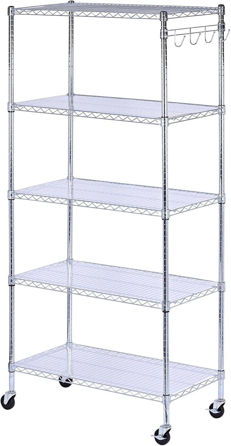 Silver Steel 5-Shelf Wire Shelving Unit with Casters and Liners, 36x18x72