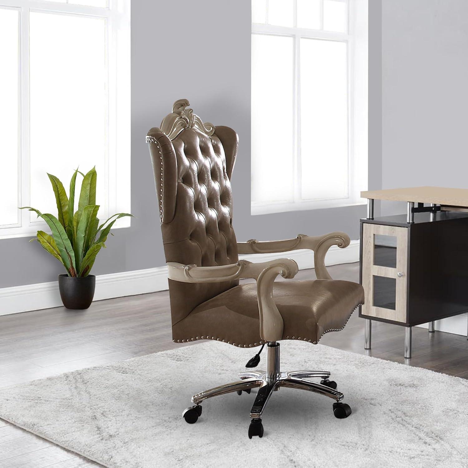 Leather Upholstered Executive Chair With Lift in Brown and Bone White Finish - Saltoro Sherpi