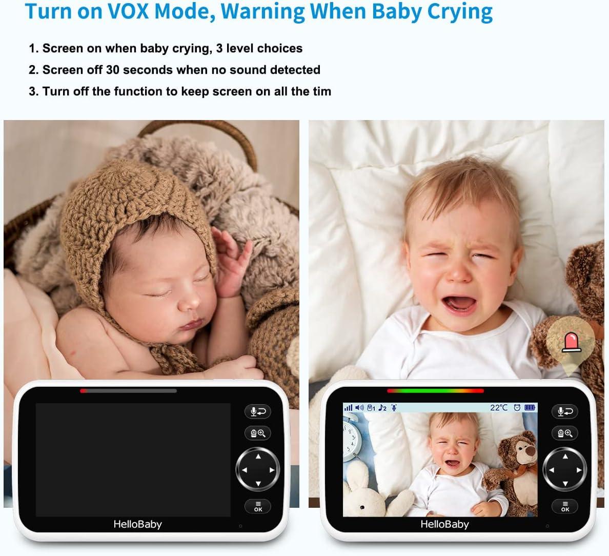 HelloBaby Upgrade Monitor, 5''Sreen with 30-Hour Battery, Pan-Tilt-Zoom Video Baby Monitor with Camera and Audio, Night Vision, VOX, 2-Way Talk, 8 Lullabies and 1000ft Range No WiFi, Ideal Gifts