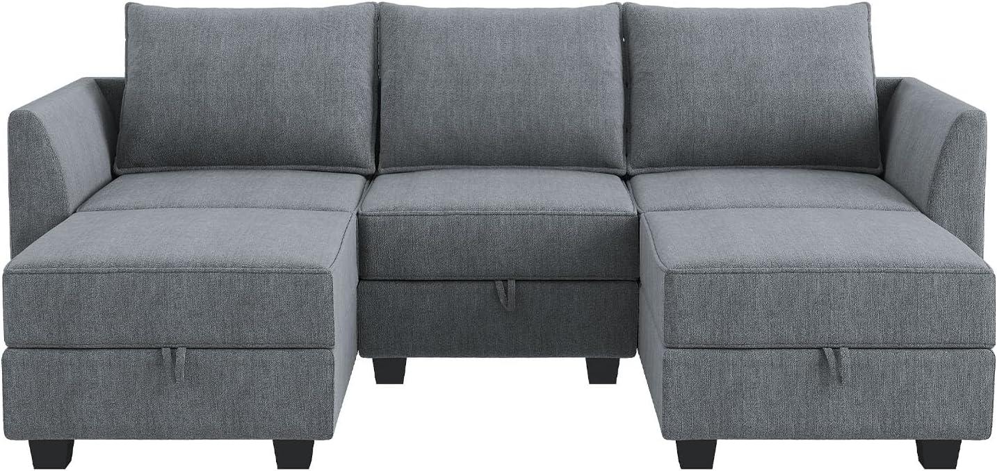 HONBAY Modular Sectional Sofa with Reversible Chaises Sofa with Ottomans U Shaped Sectional Couch for Living Room, Bluish Grey