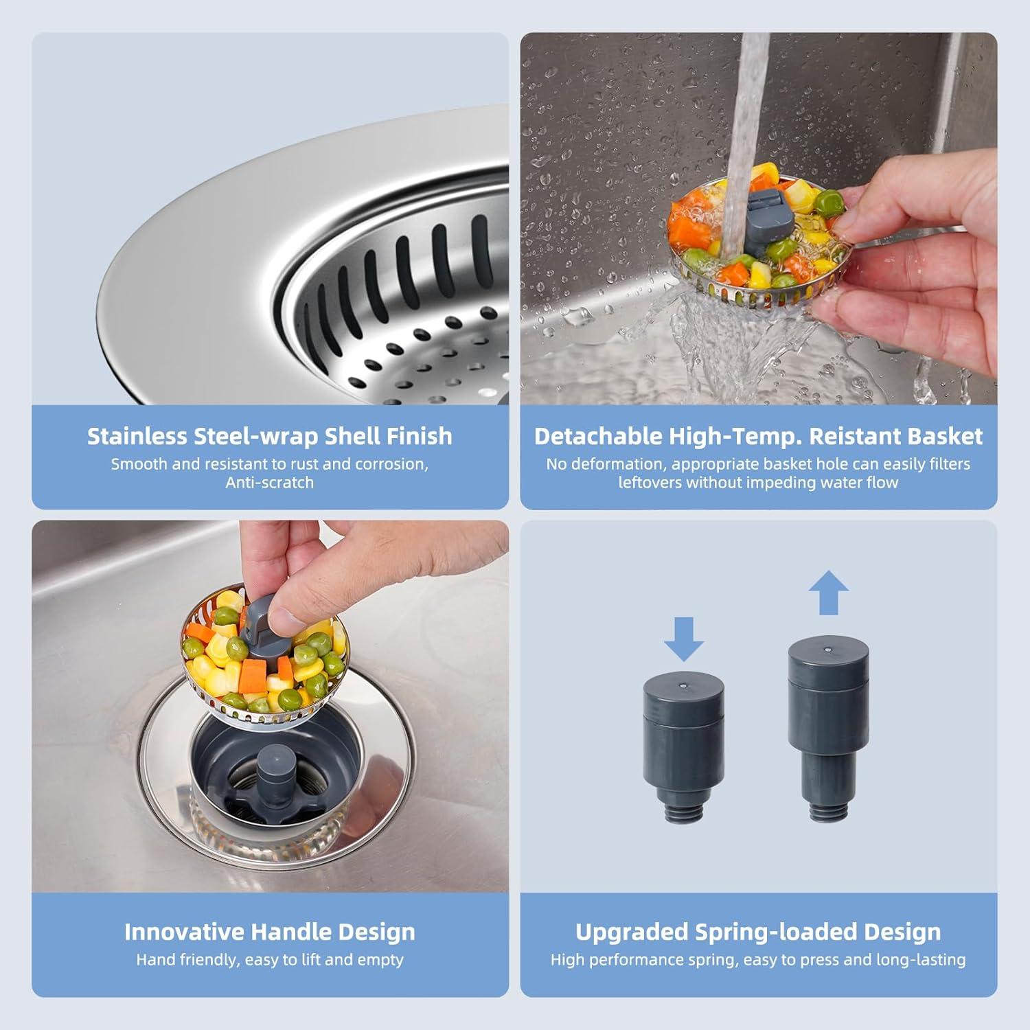 Hibbent 3-in-1 Kitchen Sink Drain Strainer  Stopper , Stainless Steel Pop-Up Design, Anti-Clogging Metal Basket with Handle, Compatible with US Standard 3-1/2" Drain