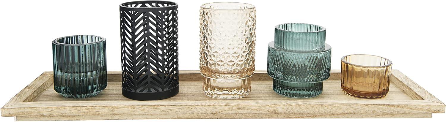 Rustic Wood Tray with Embossed Glass Tealight Holders, Set of 6