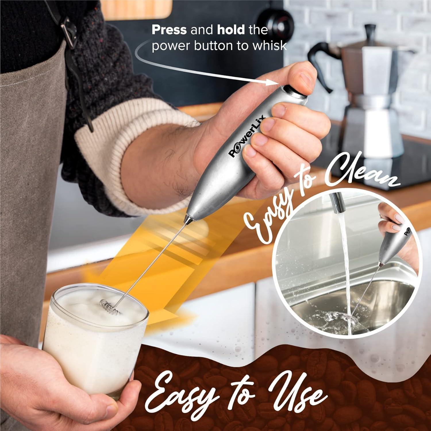 PowerLix Milk Frother Handheld Battery Operated Electric Whisk Foam Maker For Coffee With Stainless Steel Stand Included - Titanium Silver