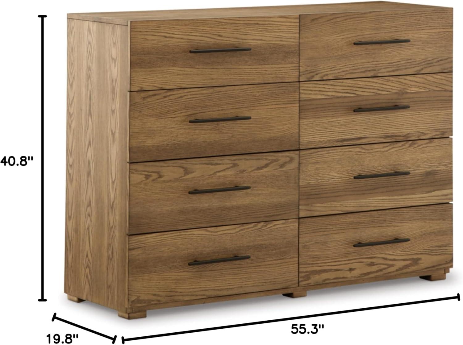 Light Brown Oak Veneer 8-Drawer Dresser with Black Iron Pulls